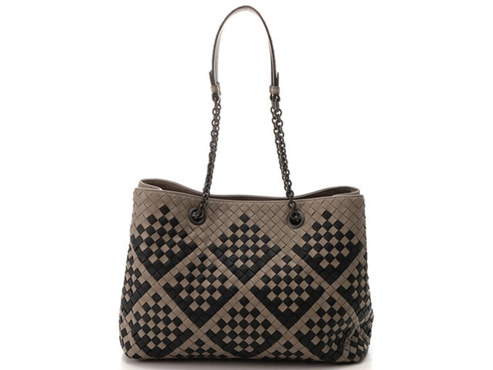 Bottega Veneta Intrecciato Chain Shoulder Tote Bag Gray Black Leather